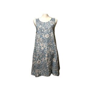 100% LINEN dress L RACHEL ASHWELL FLORAL Short Mini  BLUE WHITE Large Summer 12